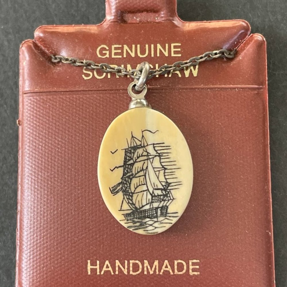 Vintage Scrimshaw Pendant Barque SailingShip 16" Chain Handmade